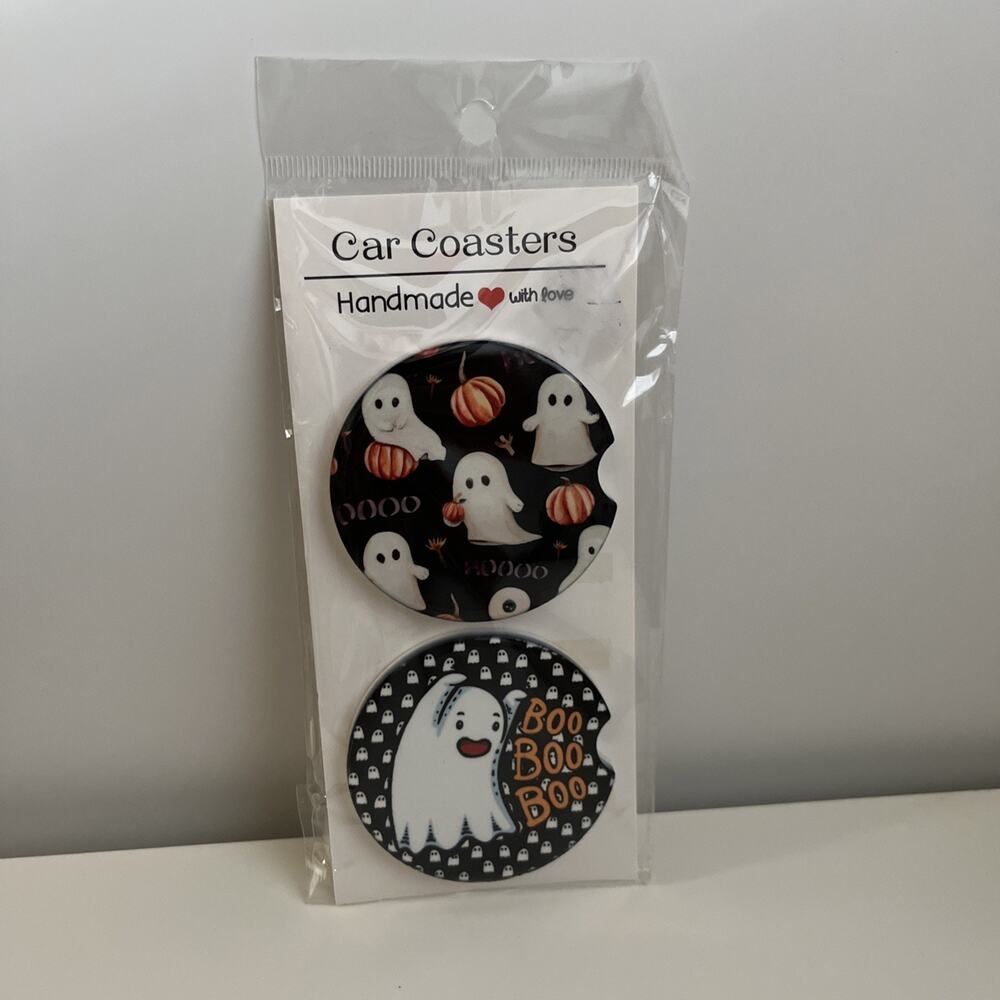 Custom Heat Printed Car Coasters Halloween Fall Designs Set Of 2